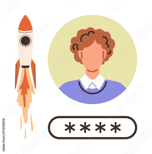 User profile next to a rocket launch and password entry field emphasizing secure access, progress, and technology. Ideal for cybersecurity, innovation, authentication, growth, online accounts
