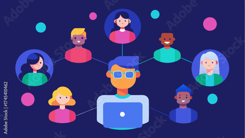 A dynamic simulation of virtual social interaction featuring avatars communicating in a 3D chat room filled with colorful interactive elements.