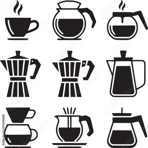 Collection of black and white coffee brewing methods and coffee cups on a white background
