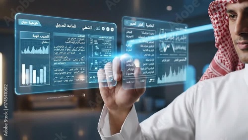 A man in traditional Arab attire interacts with holographic digital screens, likely data or graphs