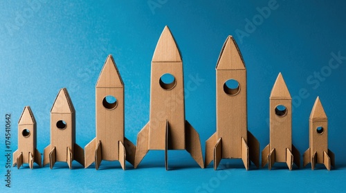 Cardboard rockets on blue backdrop concept of space exploration or growth