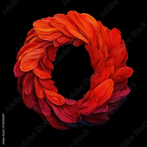 Vibrant Circular Arrangement of Red Flower Petals on Black Background