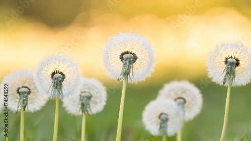 Delicate Dandelion Flowers Glowing in the Warm Sunset Light