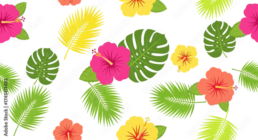 Fototapeta premium Vibrant tropical hibiscus blooms and palm fronds create a lively island vibe, perfect for summer designs and vacation-themed creative projects