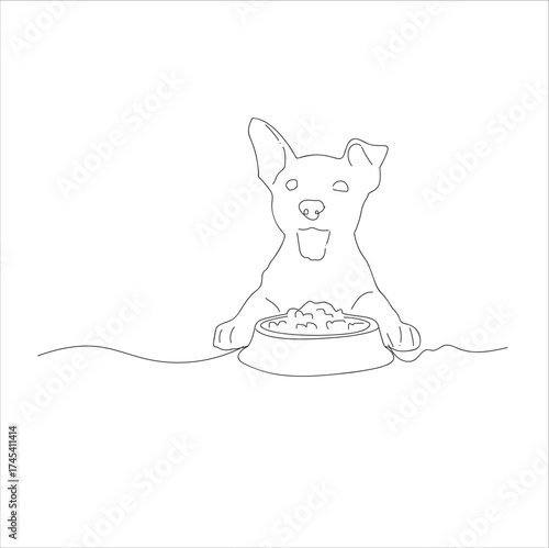cat sitting near a bowl of food.Feeding pet with kibble or wet food. line art