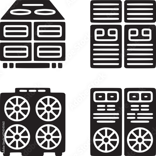 Four distinct black and white icons depicting various server and cooling system configurations