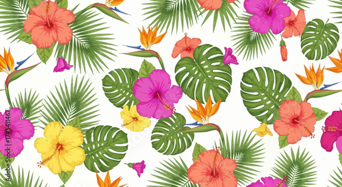 Vibrant tropical pattern with hibiscus flowers, palm leaves, and bird of paradise blooms for stunning summer designs and exotic textile prints