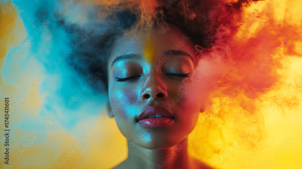 Fototapeta premium Vivid Portrait of a Woman Surrounded by Colorful Smoke