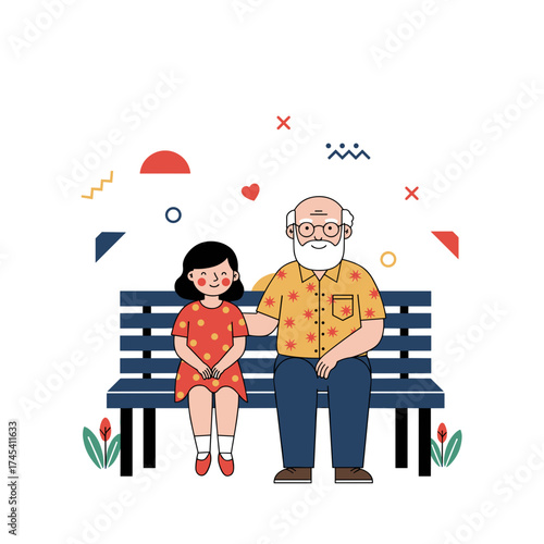 Grandfather and granddaughter smiling while sitting on a park bench  