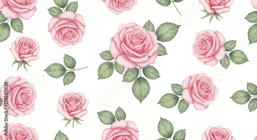 Elegant pink rose pattern with leaves for wallpaper, wedding invitations, and seamless backgrounds, adding a touch of romance and beauty to any design