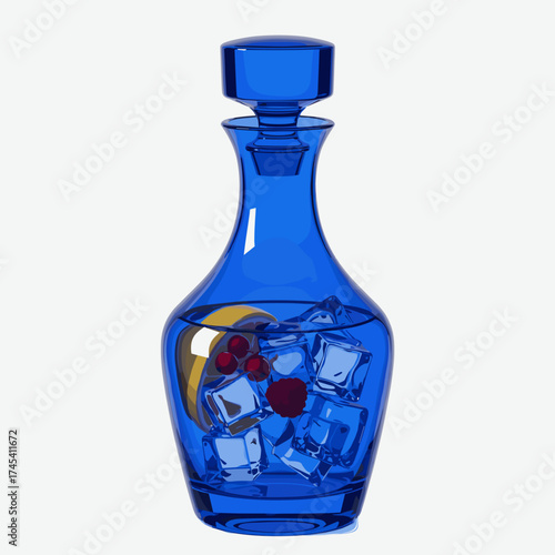 Blue decanter filled with ice cubes and fruit slices  