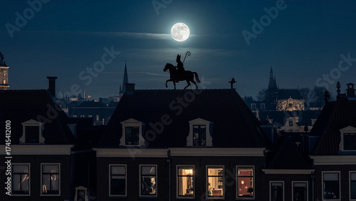 Silhouette of Sinterklaas on a horse on a rooftop at night. Saint Nicholas riding under a full moon over a Dutch city. Traditional holiday folklore concept