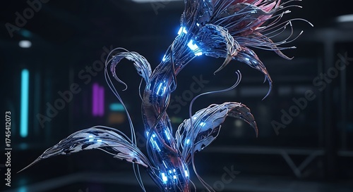 Ethereal glowing plant with delicate luminous tendrils in a futuristic environment