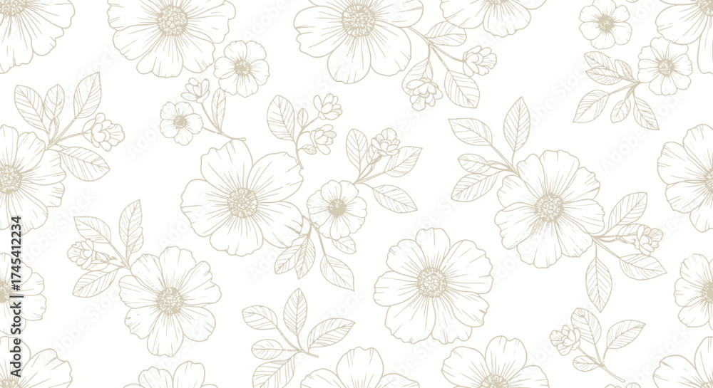 Obraz premium Elegant floral line art pattern with delicate blooms and leaves, perfect for sophisticated branding and artisanal products, bringing natural beauty to any design project.