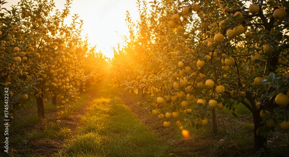 Fototapeta premium Golden Sunlight Through Orchard with Ripe Apples on Trees and Green Grass