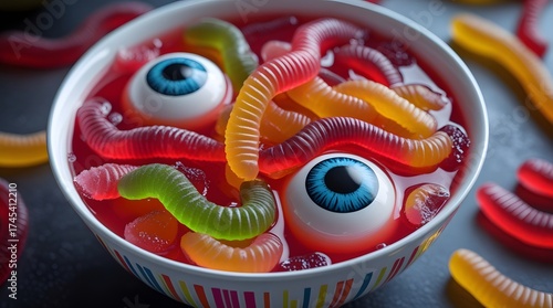 Spooky halloween gummy worm and eyeball dessert bowl