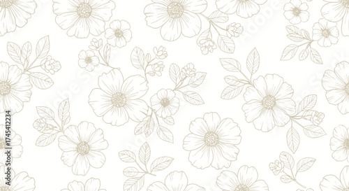 Elegant floral line art pattern with delicate blooms and leaves, perfect for sophisticated branding and artisanal products, bringing natural beauty to any design project.