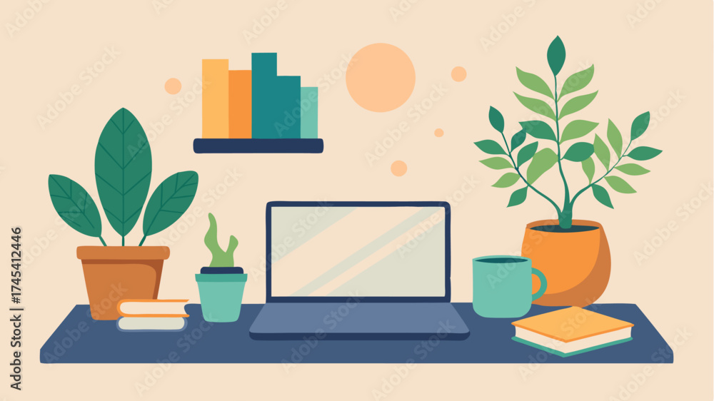 Fototapeta premium A cozy home office setting displaying a laptop open to a mental health blog surrounded by plants tea and selfcare books emphasizing the importance of a nurturing environment.