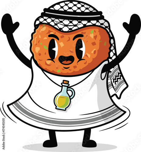Cartoon Falafel Character in Keffiyeh Spinning Like Dervish