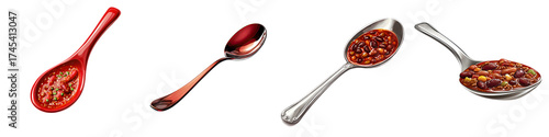 Chili spoon – A utensil used to serve chili dishes, often with a rounded shape to accommodate thick stews. Isolated on Clear White Background Highly Detailed