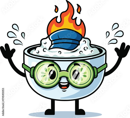 Tzatziki character puts out fire with yogurt and cucumber goggles