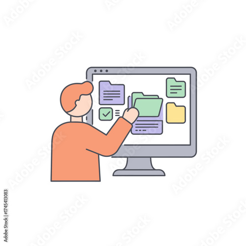 Minimalist Outline Man Organizing Digital Files on Computer Illustration