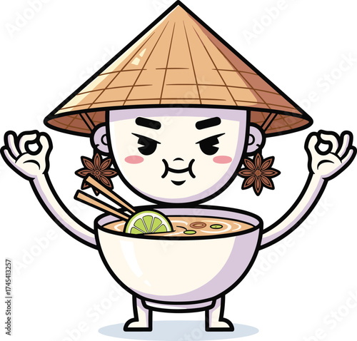 Cartoon Pho character in conical hat with star anise earrings