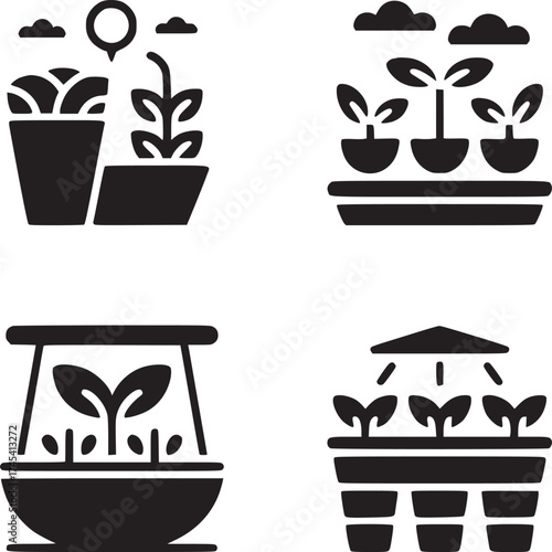 Four different illustrations of plants growing in pots and containers in a black and white image