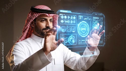 A man in traditional attire interacts with a futuristic, glowing digital interface, using hands