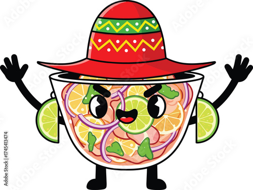 Peruvian Ceviche Character in Chullo Hat Waving