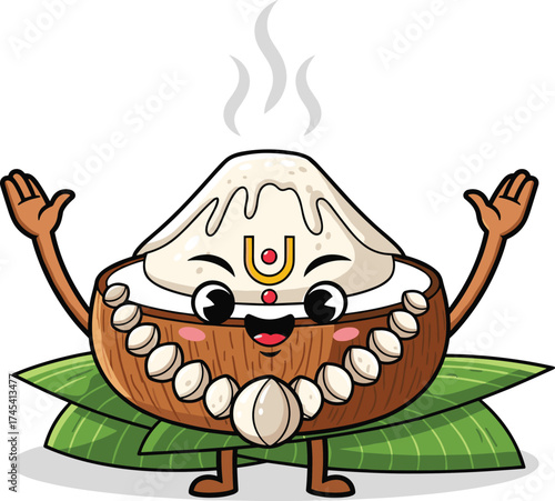 Cute Cartoon Coconut Pitha Character with Festive Indian Elements