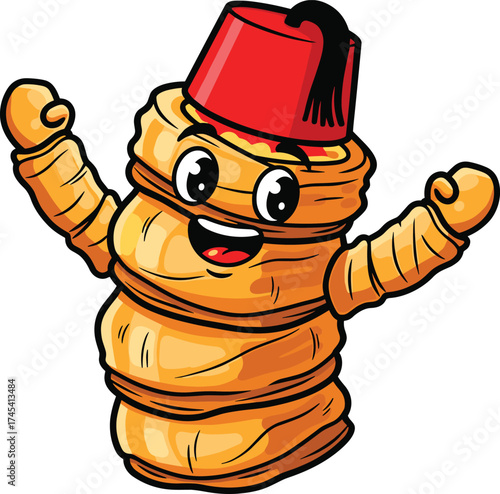 Cartoon Burek Character Wearing Fez and Phyllo Armor