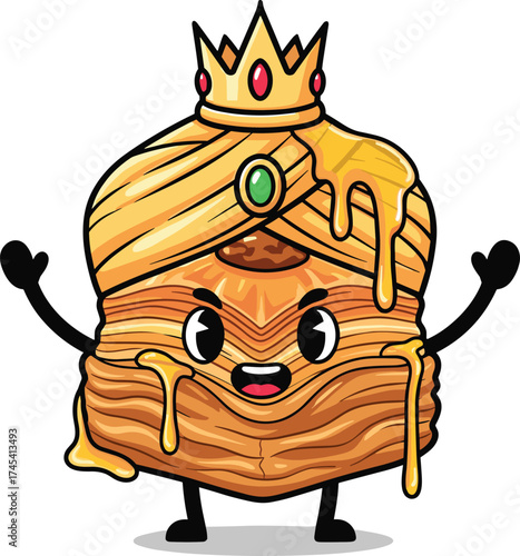 King Baklava Cartoon Character Dressed as Royalty with Dripping Syrup