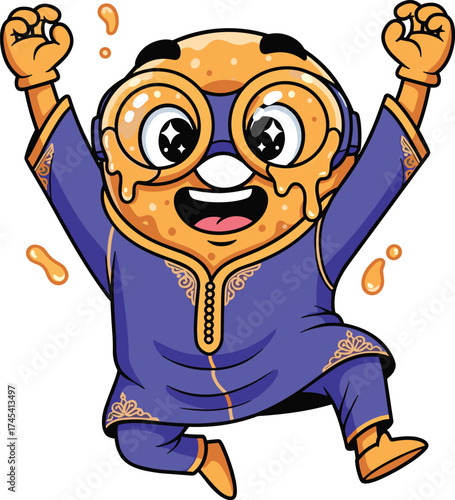 Happy Sfenj character in Moroccan djellaba with honey drip goggles