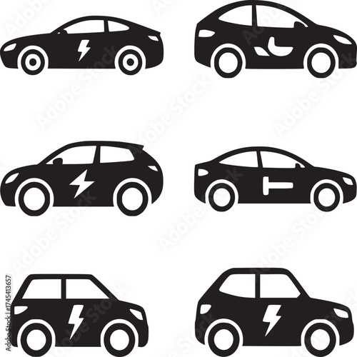 Collection of six black and white electric car icons with different body styles and designs shown