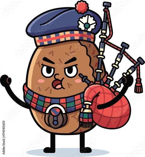 Scottish Haggis Character Playing Bagpipes with Bold Expression