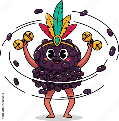 Dancing Black Bean Character with Carnival Headdress and Bells