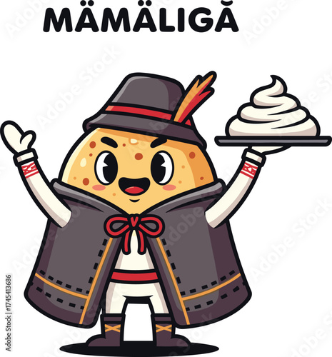 Cartoon Mămăligă character in traditional Romanian attire