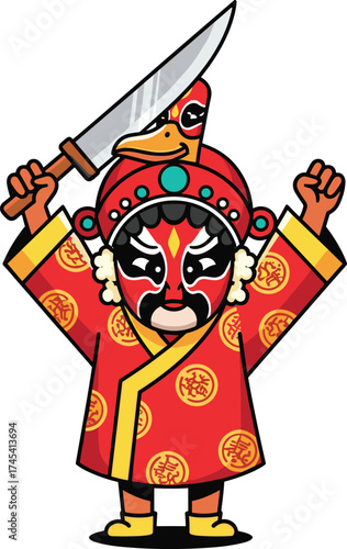 Cartoon Peking Duck Chef in Traditional Chinese Opera Attire