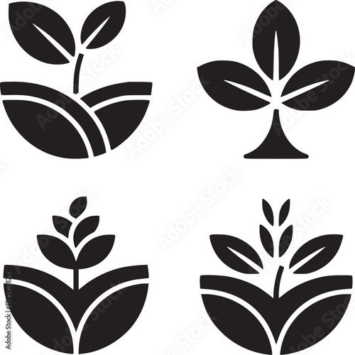 Four black and white plant icons on a white background in a square arrangement format image