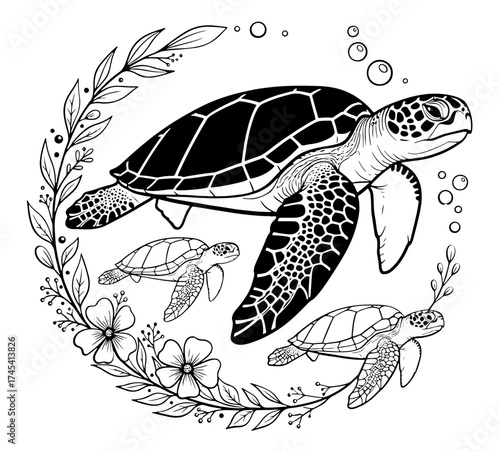 Vector art of sea turtle family in floral wreath detailed drawing of marine life for coloring book pages