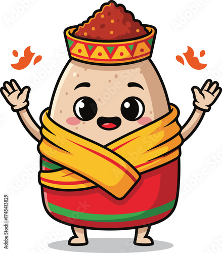 Cute Cartoon Fit-fit Character with Eritrean Shawl and Spice Crown