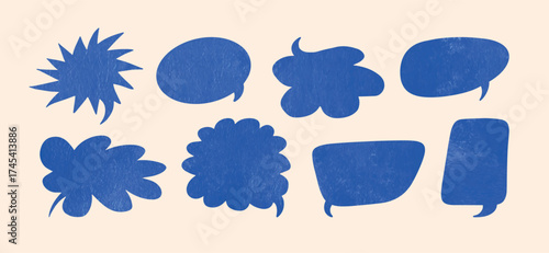 Set of Blue Comic Speech Bubbles and Thought Balloons with Crayon Texture, irregular shapes for chat and talk, isolated on light background, flat vector illustration