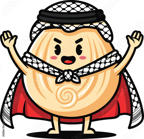 Cute Hummus Character with Keffiyeh and Tahini Cape Waving