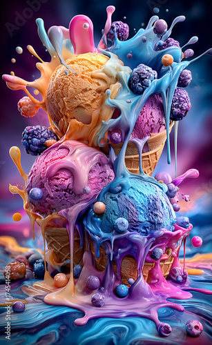 A surreal and vibrant explosion of colorful melting ice cream cones with mixed berries creating a delicious dessert fantasy