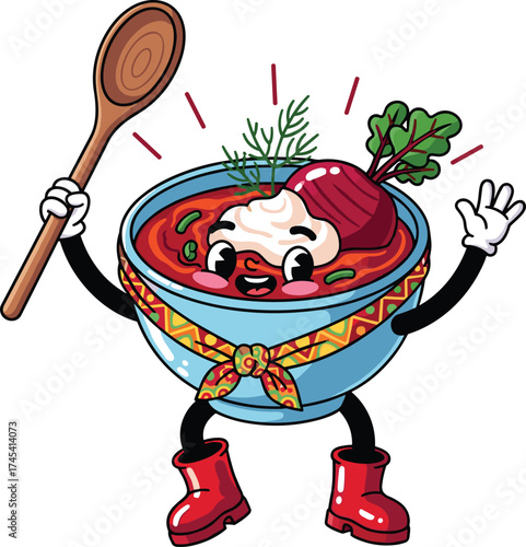 Cartoon Borscht Character with Spoon and Beetroot
