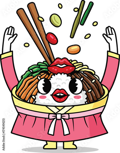 Cute cartoon Bibimbap character in a Korean hanbok bowl dress