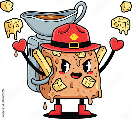 Cute Poutine Character with Mountie Hat and Gravy Backpack