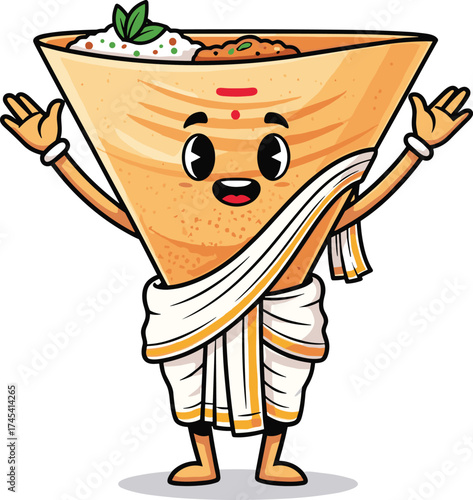 Cartoon Dosa Character in Traditional South Indian Attire