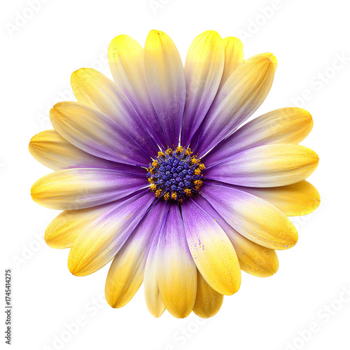 A beautiful african daisy flower with yellow and purple petals, isolated on transparent background